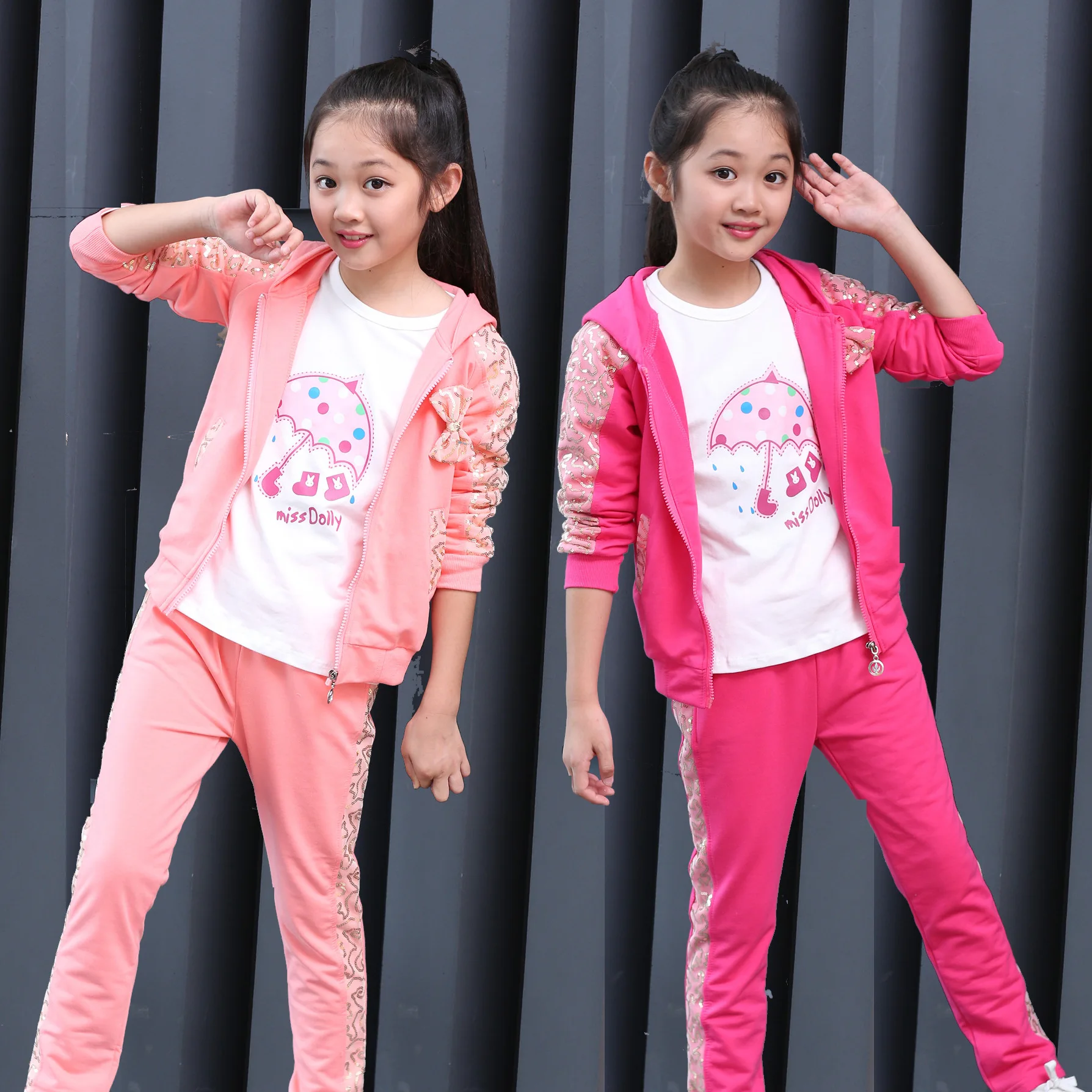 

Girls 4-12 Years Casual Sports 3 PCS Set (Hooded Coat + Tee Shirt + Long Pant) Fashion Cartoon Bow Cotton Spring Autumn Suits