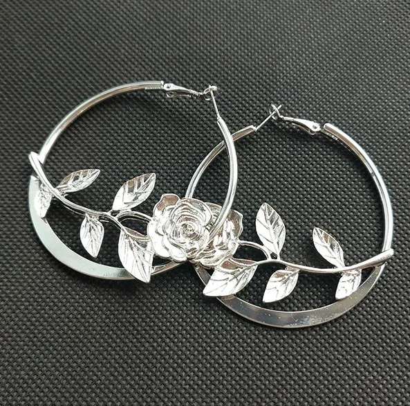 Style 1 Silver Color Серьги Rosa Baixo-Relevo, золотой цвет, сплав, большой цветок, роза, круг, индивидуальные серьги-кольца, ювелирное изделие для женщин, подарок - Окраска металла: Style 1 Silver Color