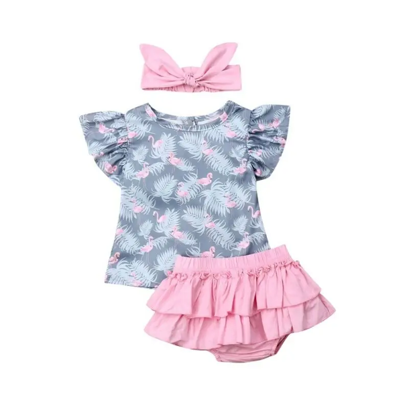 

Boutique Kid Clothes 3pcs Flamingo Print Outfit Baby Girls Shirt Top+Ruffles Shorts Headband Newborn Outfit Set