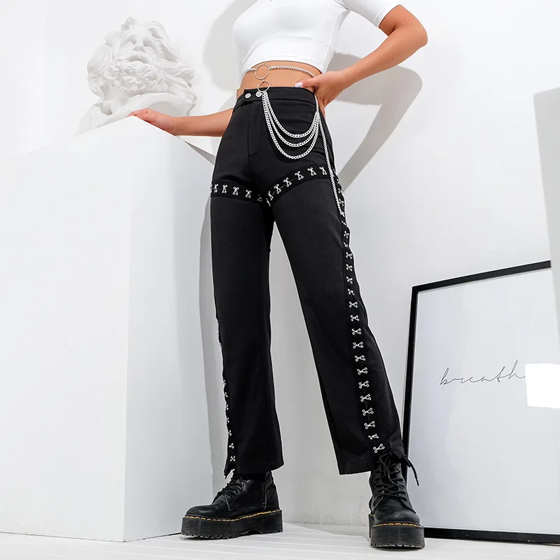 Сексуальные брюки с металлической пряжкой в стиле панк высокой талией женские