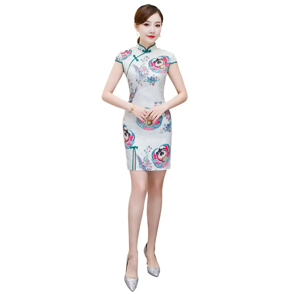 

Шанхай история короткий рукав Qipao длиной до колена китайское платье Весна Cheongsam смесь Хлопок Qipao платье для женщин