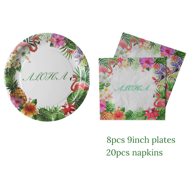 Disposable tableware Summer Tropical Green palm Flamingo Paper plate cup napkin Hawaiian Aloha Luau party supplies Wedding decor - Цвет: set4