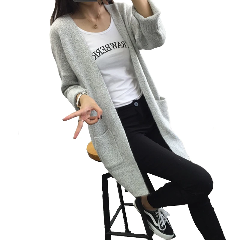 2019 Autumn Ladies Loose Knitted Cardigans Coat Korean Wild Pocket Poncho Women Long Cardigan Sweater Gray Knitwear |