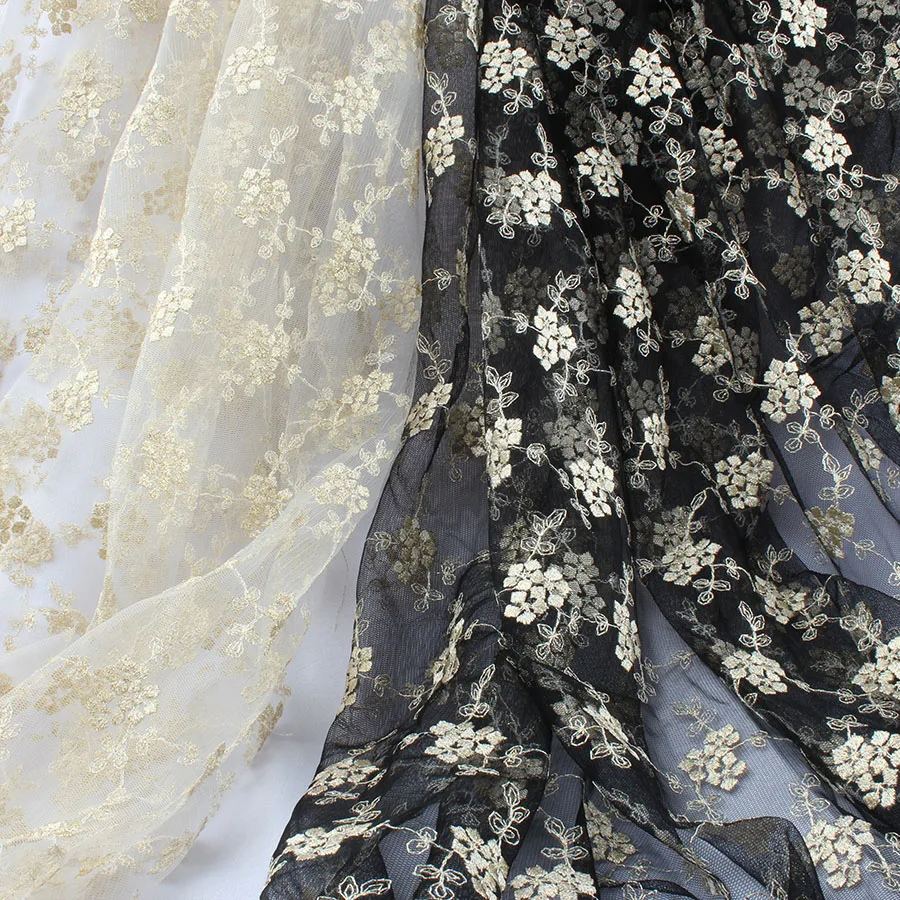 

Small Plum Blossom Gold Thread flower Embroidery Lace Fabric Black/White Gauze Mesh Fabric