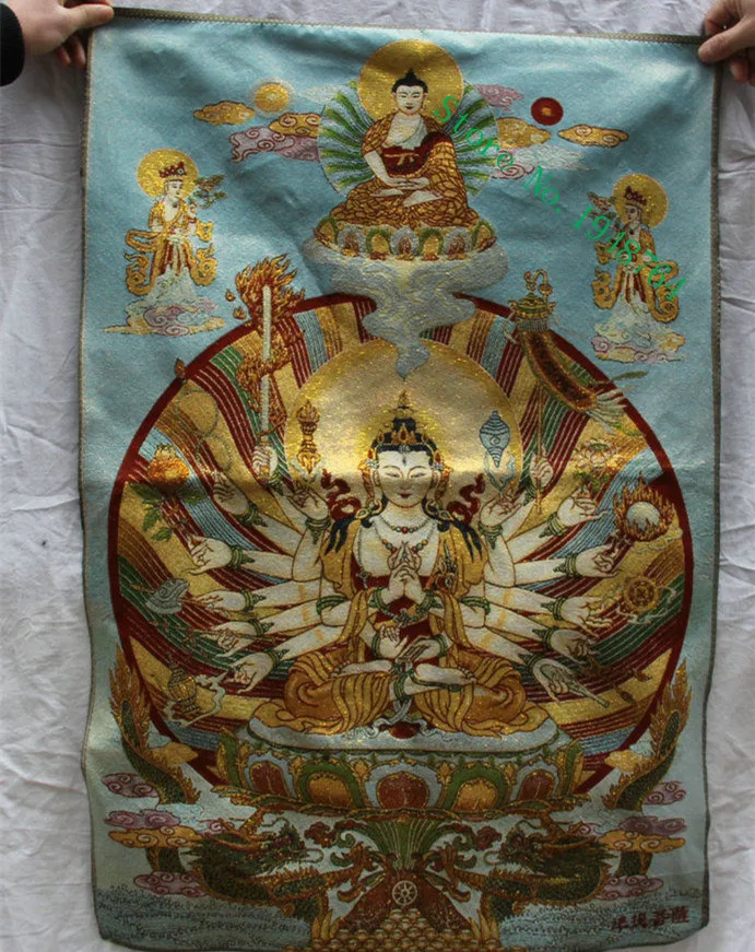 

36 inch china Tibet embroidery Silk 18 Hands Maha Cundi Mother Tangka Thangka Paintings Mural