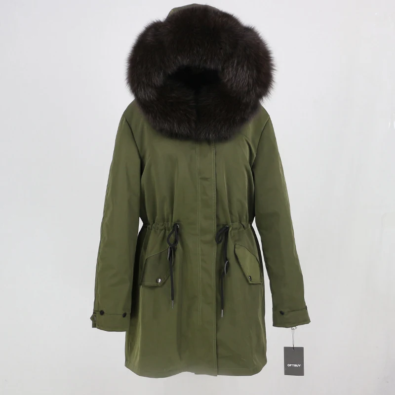 green dark brown OFTBUY, зимняя женская куртка, пальто из натурального меха, длинная парка, воротник из натурального меха енота, капюшон, водонепроницаемая верхняя одежда, теплая уличная одежда - Цвет: green dark brown