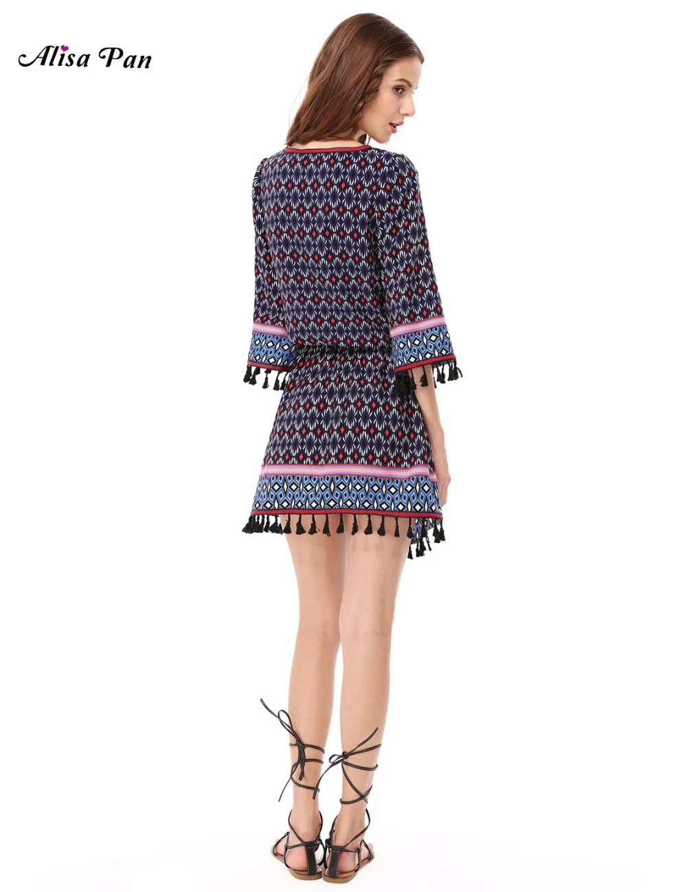Для женщин Printed A-Line Лето Boho Платья для 2017 Алиса Пан as05620nb Мода кисточкой