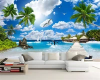 beibehang custom fashion stereo wallpaper coconut tree shell beach seagull dolphin landscape background wall papers home decor