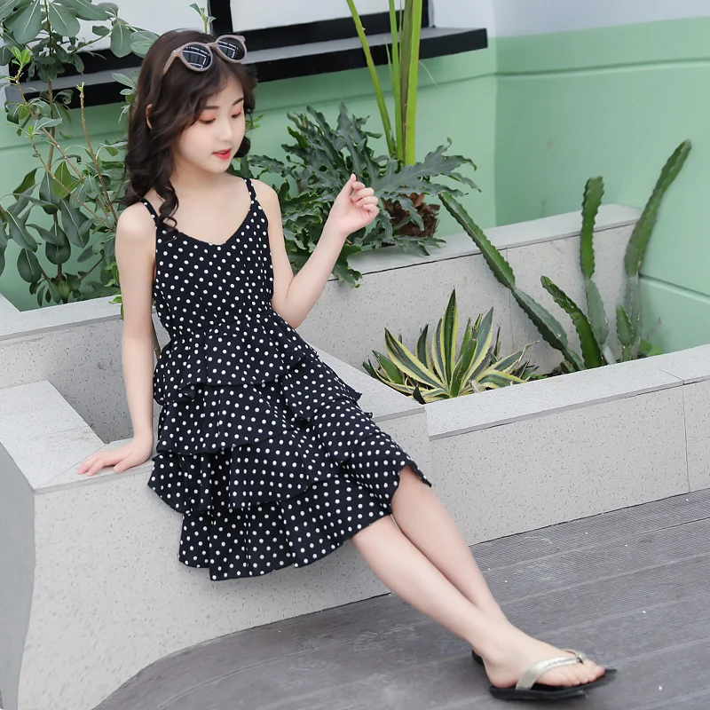 Baby girl polka dot tiered dress summer beach spaghetti strap boho chiffon toddler layered cake kid black white new | Детская одежда и
