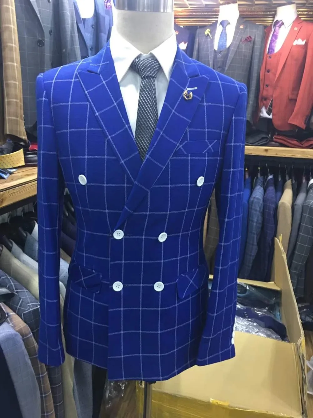 Новый мужской костюм Terno Masculino клетчатое пальто брючный дизайн синий двубортный с
