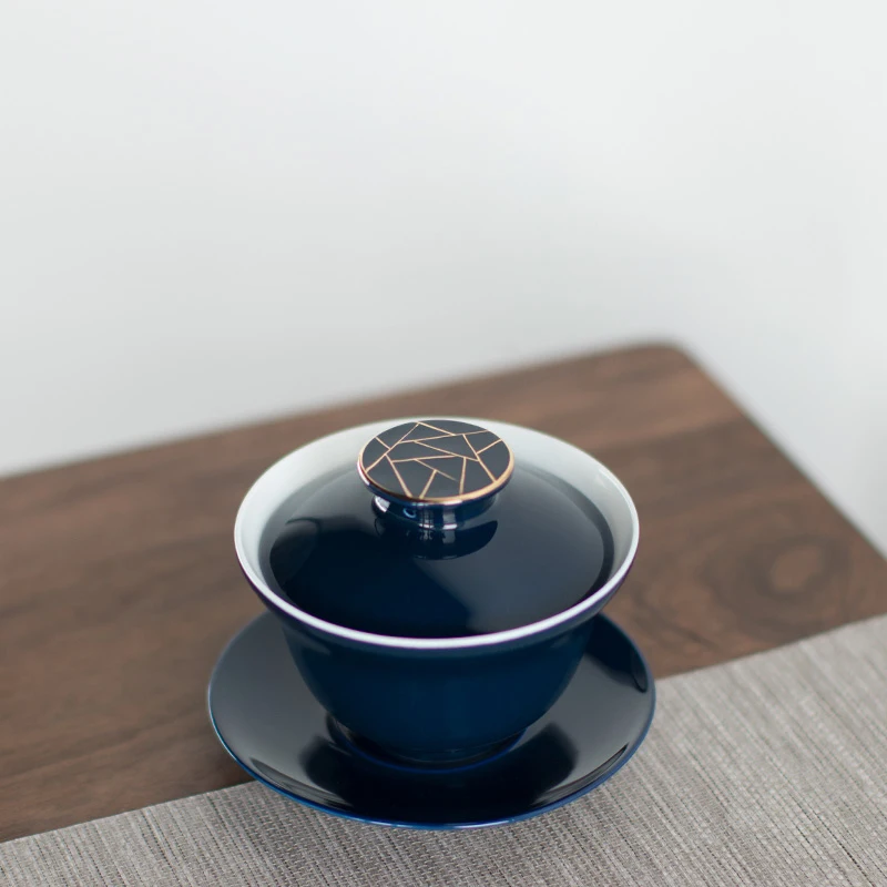 

110ML Chinese Style Blue Ceramic Porcelain Gold Streak Lid Teapot Cha Hai Gaiwan Kettle Saucer Cover Kit Art Drinkware Pu'er Pot