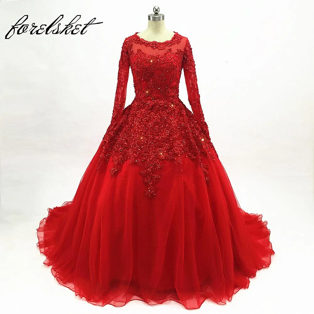 

Beaded Appliques Prom Dresses Ball Gown 2020 Red Long Sleeves Dubai Arabic Sequin Formal Evening Party Gown Vestido De 15 Years