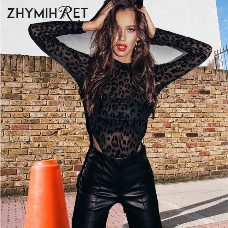 Женский комбинезон ZHYMIHRET Леопардовый сетчатый с длинным рукавом| |