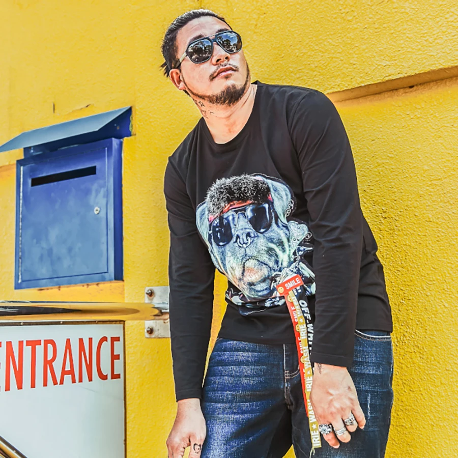 Plus Size Man t-Shirt Long Sleeve Cotton Cartoon Harajuku 3d t Shirt Men Shar Pei Hip Hop Pug Tee Homme Punk Tops G5G021 | Мужская