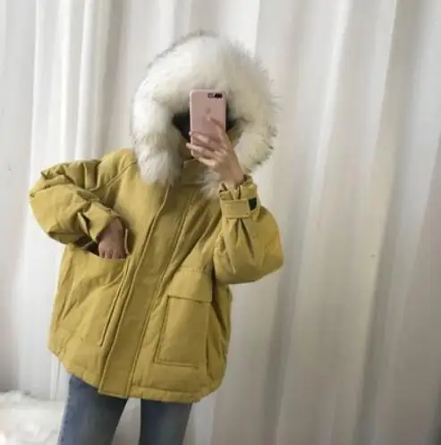 Real Fur Куртка-пуховик на 90% белом утином пуху, Женская свободная парка с капюшоном, большие размеры, пальто с воротником из натурального меха енота, зимнее пальто для женщин - Цвет: Real Fur