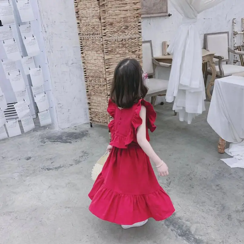 Однотонное красное платье с оборками для девочек летнее маленьких Vestidos детская