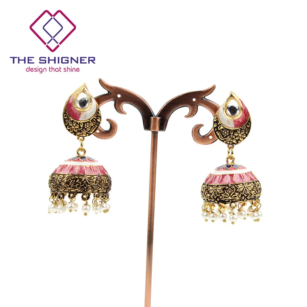 THE SHIGNER традиционные этнические индийские украшения Meenakari эмаль Jhumka Jhumki глаз тени серьги вечерние повседневные изделия для женщин - Окраска металла: IMJ082001H