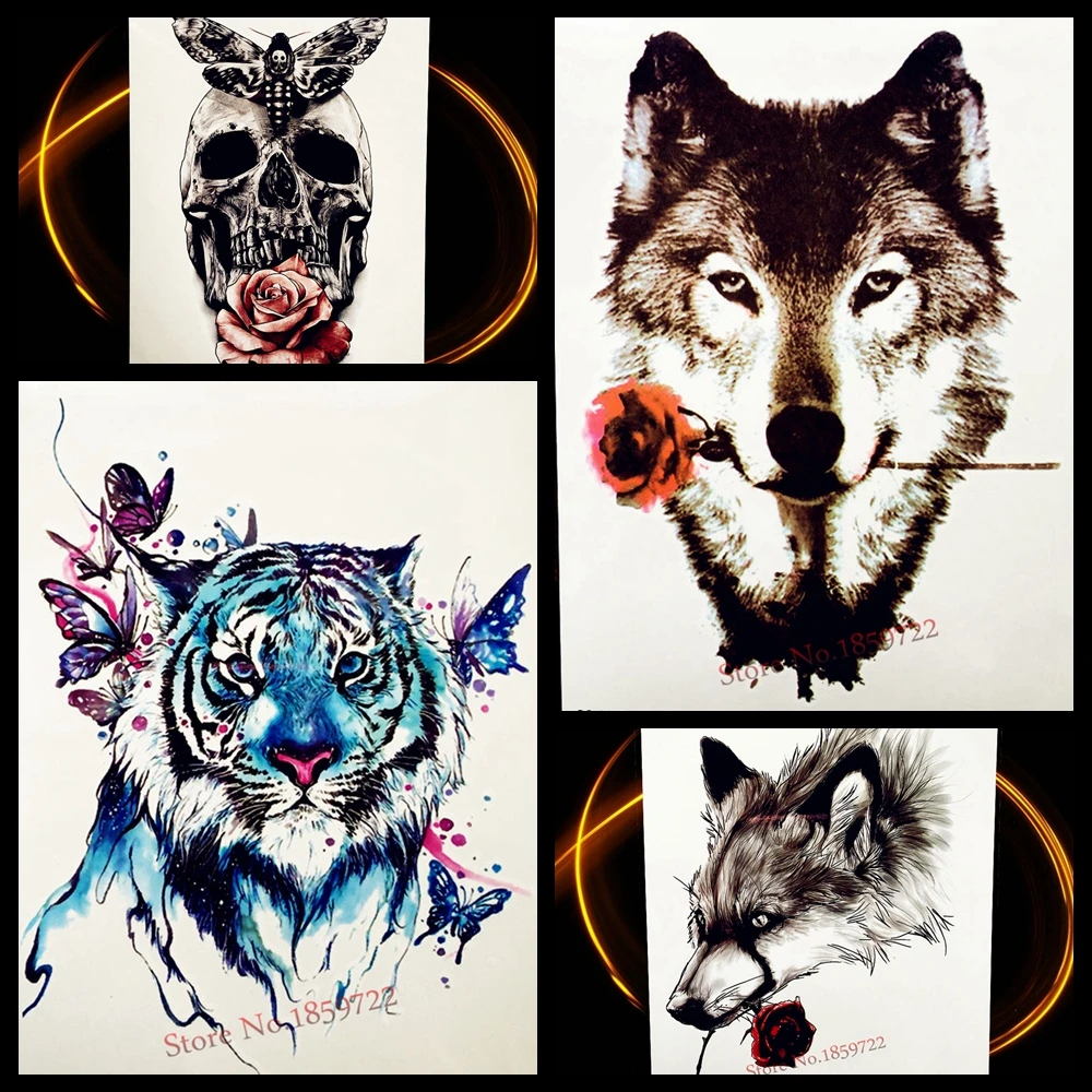 Black Sexy Wolf With Rose Flower Temporary Tattoo Women Body Art Fake Flash Stickers 21*15CM Waterproof Tatoo Arm Sleeve | Красота и