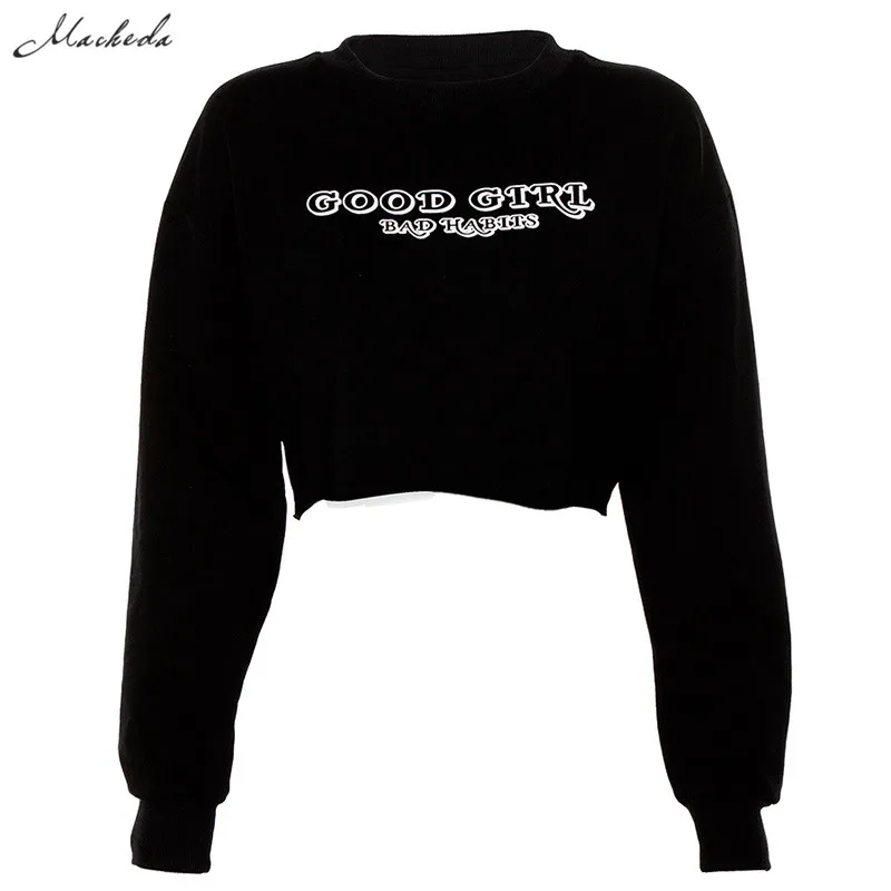 Macheda Women Letter Print Pullovers Streetwear Long Sleeve O Neck Sweatshirt Lady Black Knitted Loose Cropped Pullover New - Цвет: Черный