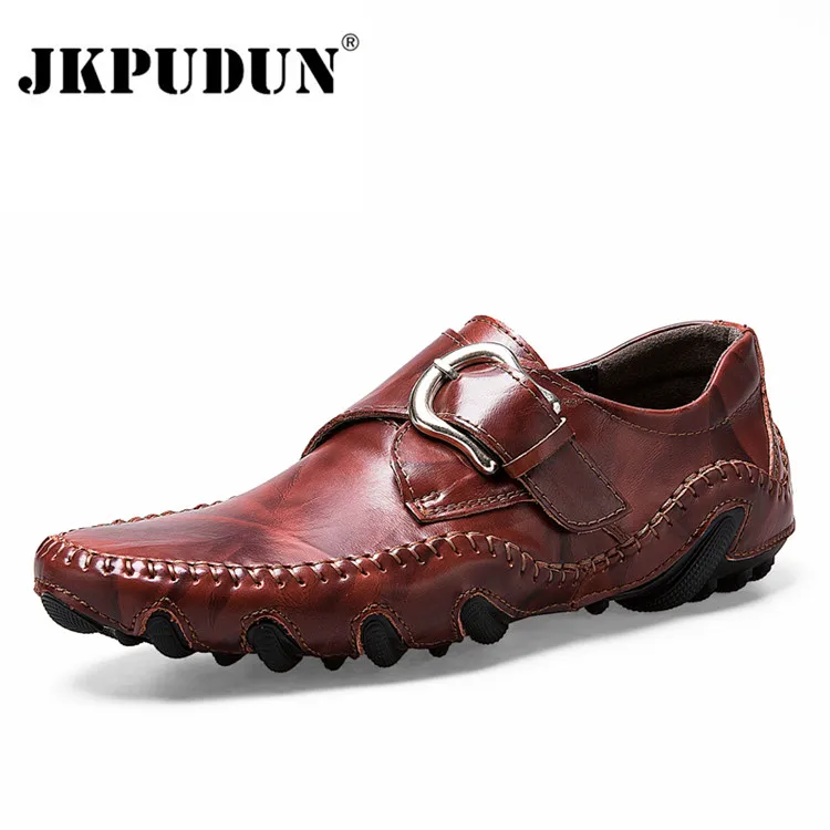 red brown JKPUDUN/мужская повседневная обувь из натуральной кожи ручной работы; мокасины; Модные слипоны; обувь для вождения; Роскошные Дизайнерские дышащие мужские лоферы - Цвет: red brown