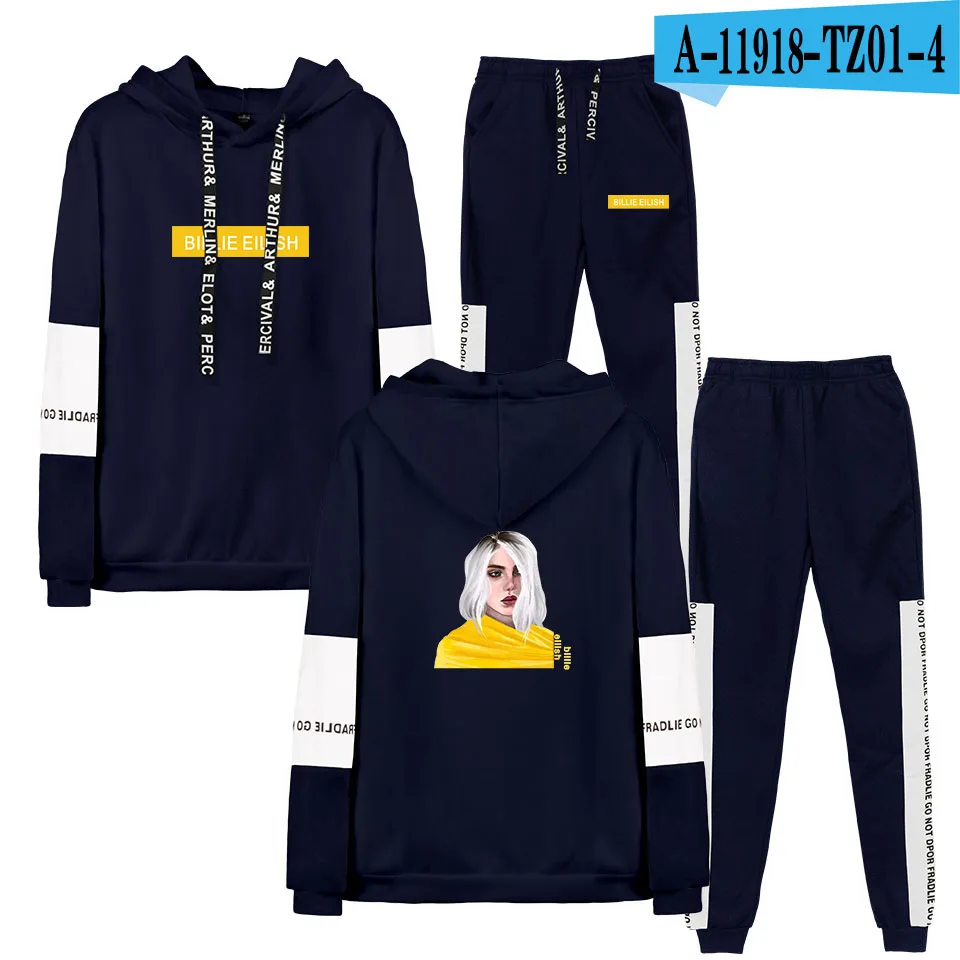 Navy Новинка billie eilish, толстовка с капюшоном, женская мода, белые толстовки, свитшоты+ черные спортивные штаны, костюмы, Осень-зима, теплый пуловер - Цвет: Navy