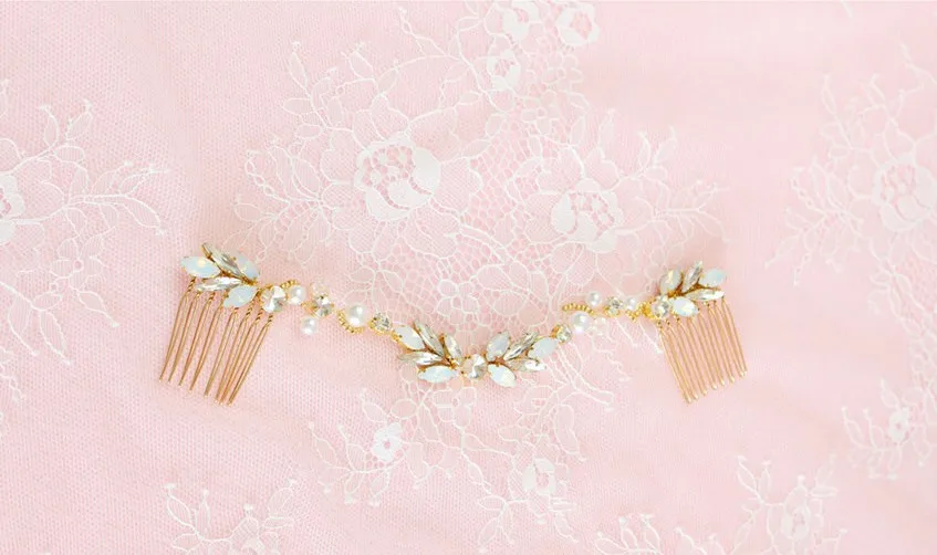 

Jonnafe Charming Birdal Long Hair Comb Headband Gold Women Headpiece Opal Crystal Wedding Hair Vine Accessories Jewelry