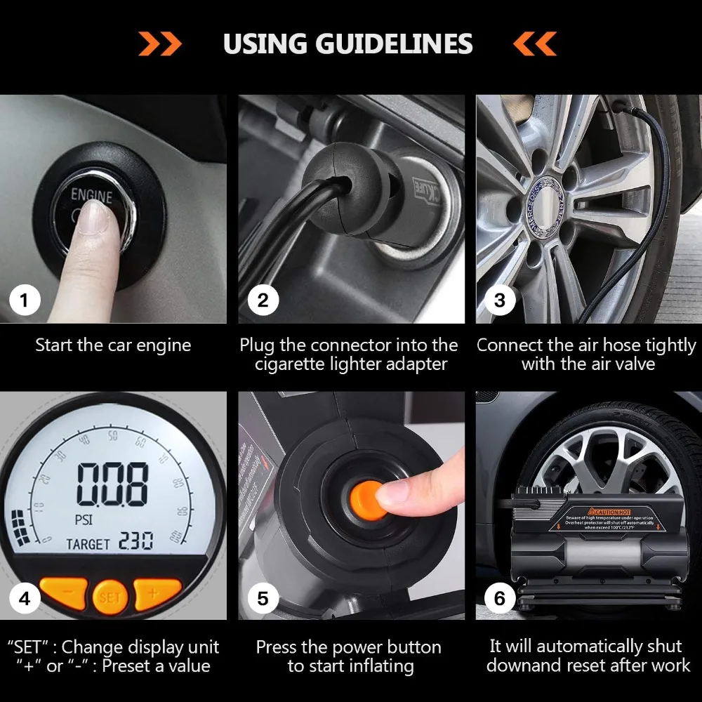 TACKLIFE ACP1C портативный насос для шин DC 12 В 150PSI воздушный компрессор насос цифровой насос для шин с манометром 4 насадки адаптеры насос