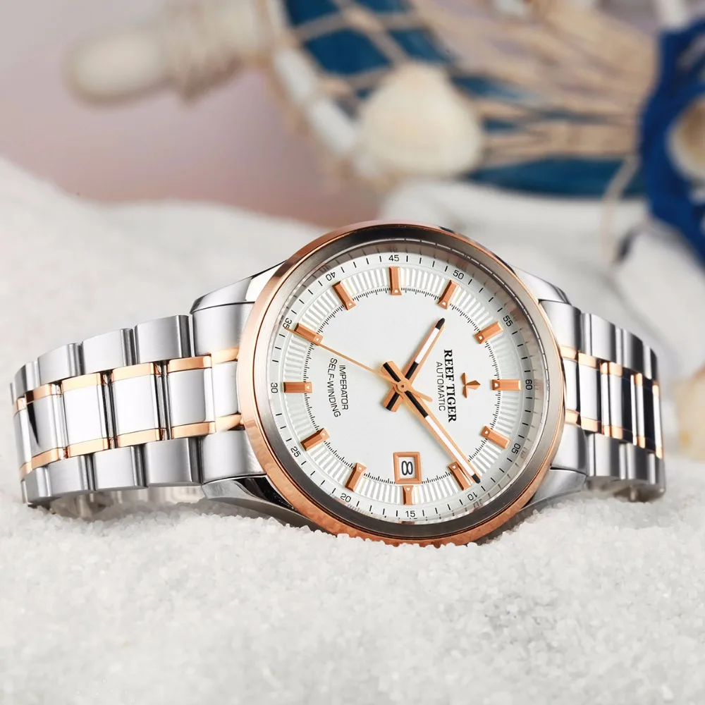 Часы Reef Tiger/RT из стали/розового золота двухцветные деловые часы для мужчин Miyota 9015