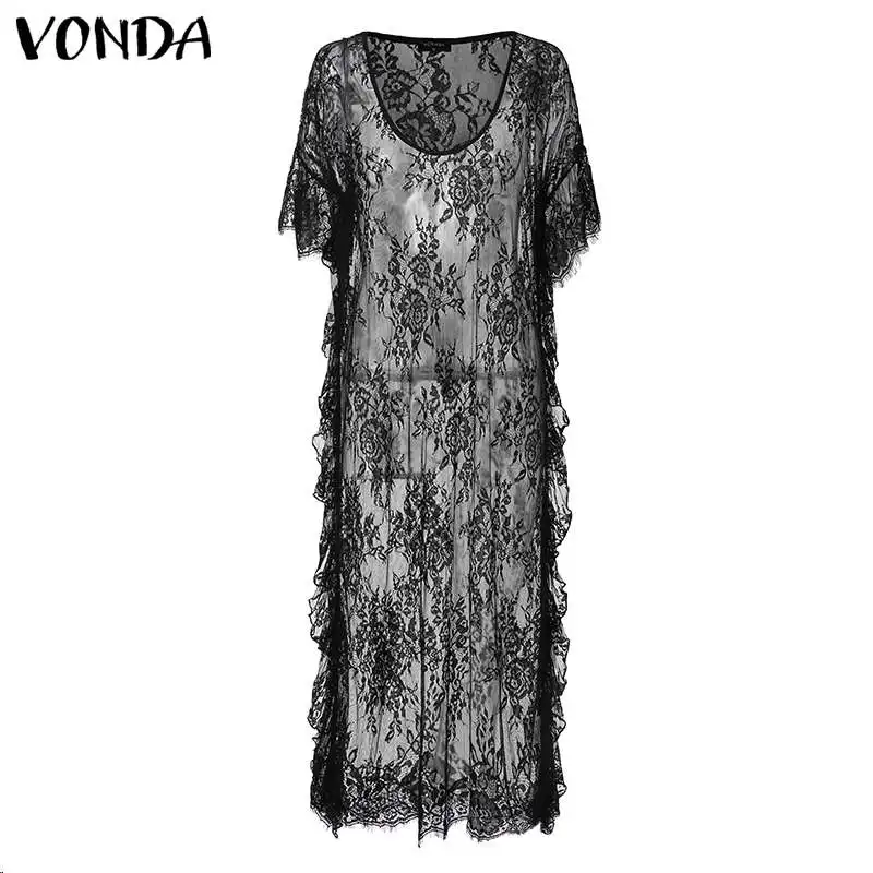 Black Dress Макси платье, пляжный сарафан, плюс VONDA, Женская коллекция, летние сексуальные платья с v-образным вырезом и рукавом-бабочкой, кружевные вечерние платья - Цвет: Black Dress