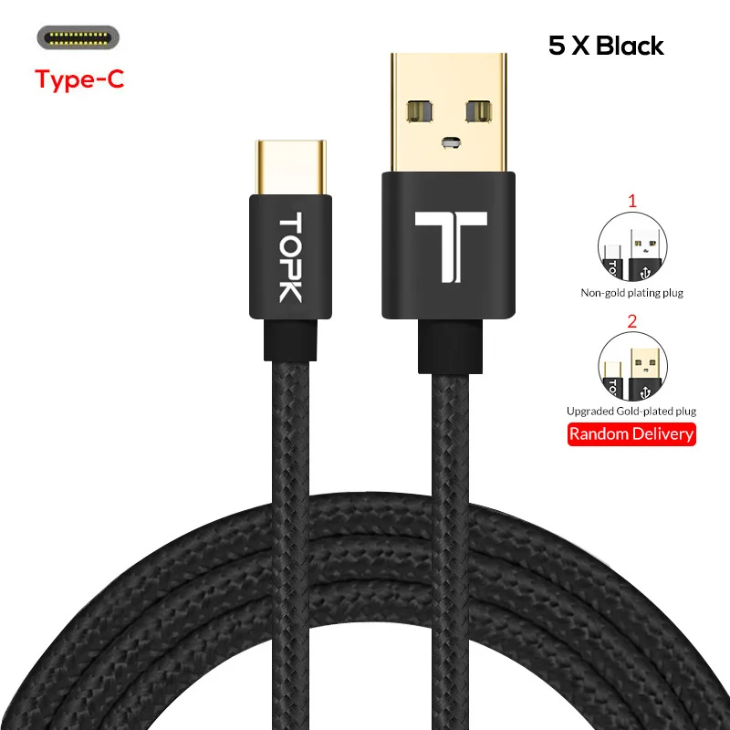5x Black Cable Кабель TOPK usb type-C с нейлоновой оплеткой для синхронизации данных и USB-C, зарядный кабель для samsung Galaxy S9 S8 XiaoMi 8 5X, кабель для мобильного телефона, 5 шт. в упаковке - Цвет: 5x Black Cable