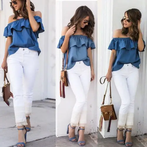 2019 Summer Fashion Women's Sexy Blouse Top Blue Off Shoulder Ruffles Tops Casual Party Shirt Cotton Short Sleeve | Женская одежда