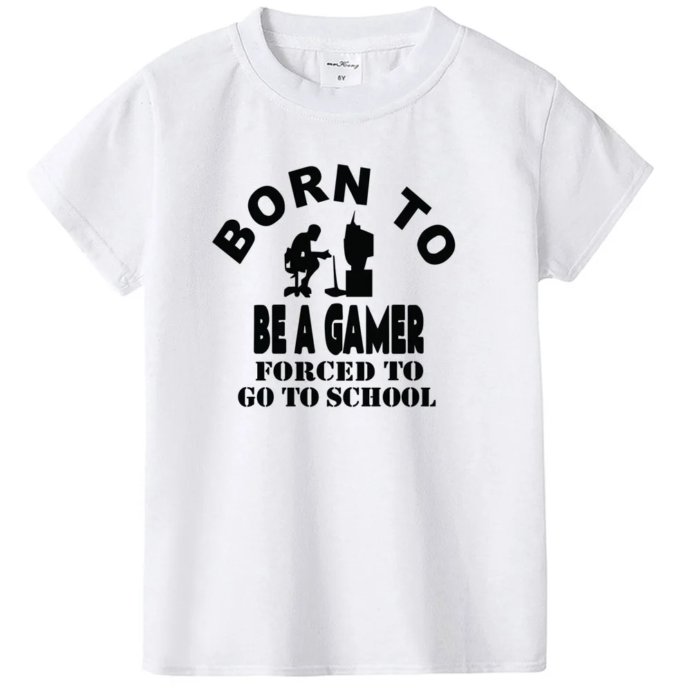 Детская футболка с надписью «Born To Be A Gamer» повседневные топы с короткими рукавами для мальчиков и девочек, детская забавная Белая Летняя футболка - Цвет: KM85-KSTWH-