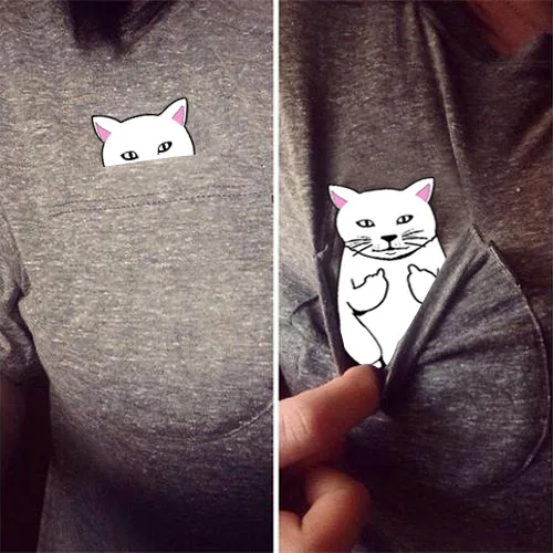 Bad Cat средний палец принт 2019 летний топ женская футболка карман Tumblr милый кавайный