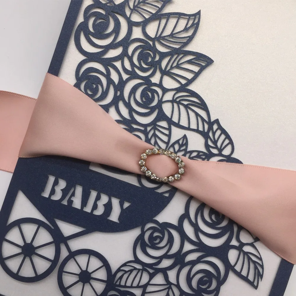 50pcs Laser Cut Baby Carriage Pattern Invitations Card With Ribbon Shower Birthday Greeting Gift | Дом и сад