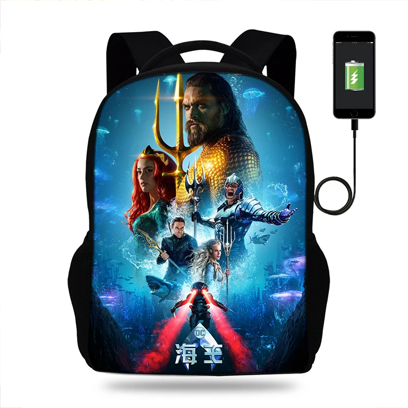 Рюкзак мужской колледж DC Aquaman Movie принт рюкзак usb зарядное устройство школьный для