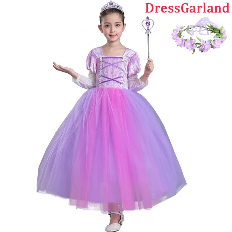 Dress and Garland PaMaBa мультфильм парик, Принцесса Рапунцель Хэллоуин косплей костюм девушки элегантный Рапунцель платье пачка Детские вечерние платья - Цвет: Dress and Garland