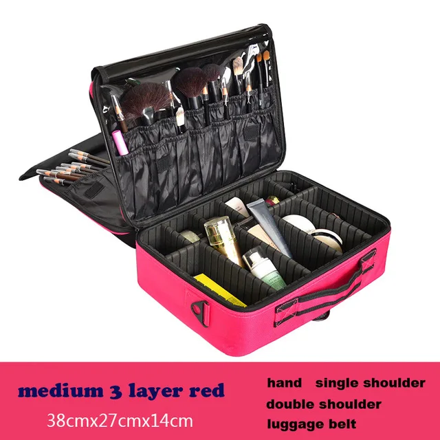 M-3 layer- red Органайзер для макияжа, Профессиональный Чехол для макияжа, женский косметический костюм для путешествий, чехол, сумка для хранения эфирного масла, мужские косметички и чехол s - Цвет: M-3 layer- red