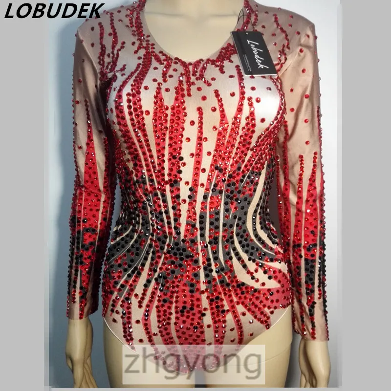Full Diamond Female Leotard Bodysuit Red Black Crystals Long Sleeve Jumpsuit Nightclub Women Leading Dancer DJ DS Stage Costume