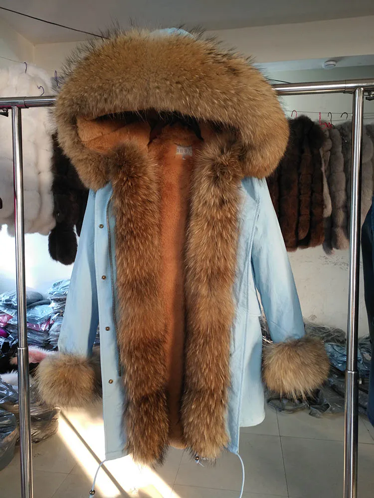 28 long racoon fur Меховая женская зимняя теплая большая парка из натурального Лисьего меха с воротником из натурального меха с теплой толстой меховой подкладкой Камуфляжная парка куртка - Цвет: 28 long racoon fur