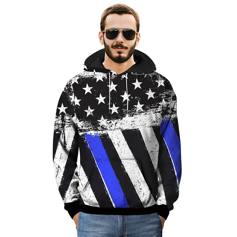 Genuxury Brand Star and Stripe Print Hoodie Sweatshirt Long Sleeve Crewneck Pullover Mens Clothing Hoodies With Hat | Мужская одежда