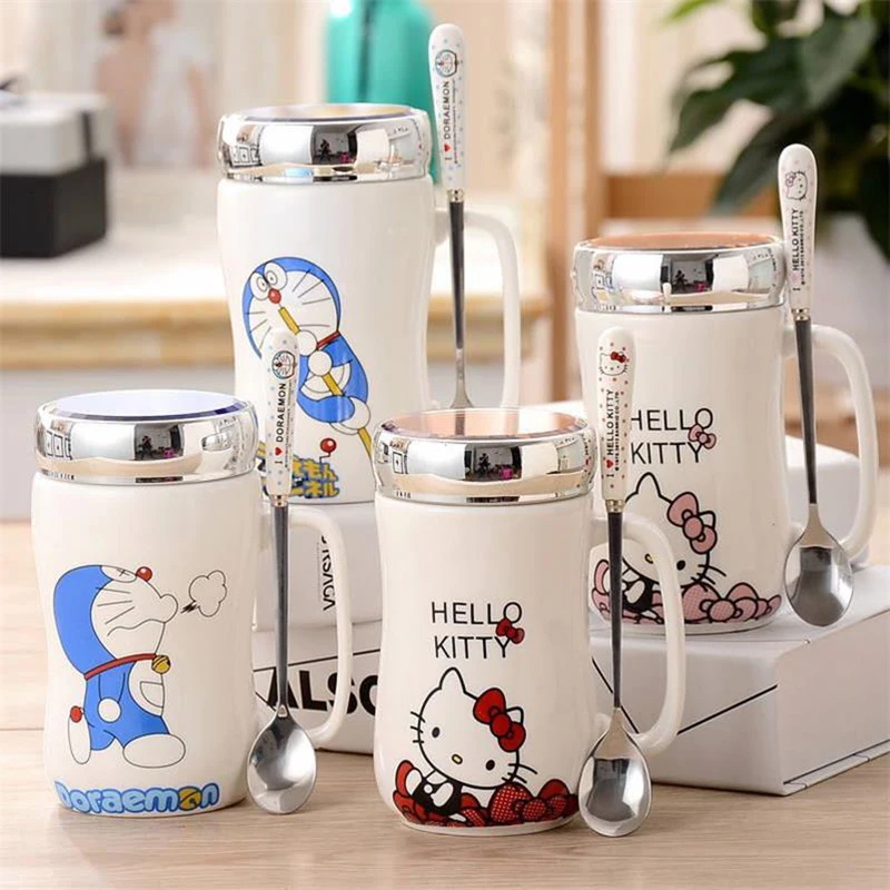 Керамические кофейные кружки Totoro 450 мл с зеркальной крышкой и ложкой милая чайная