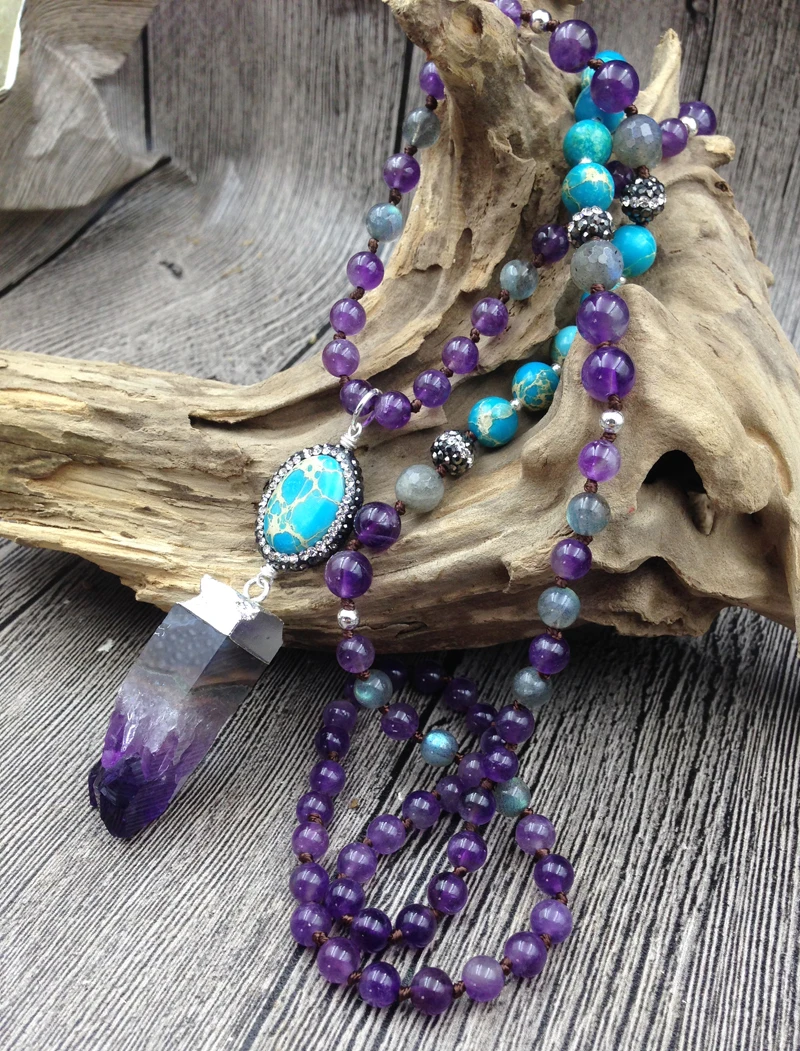 YA2742 108 Mala Beads ожерелье Amethys Druzy камень из осадочной породы кулон Knot Ручная работа