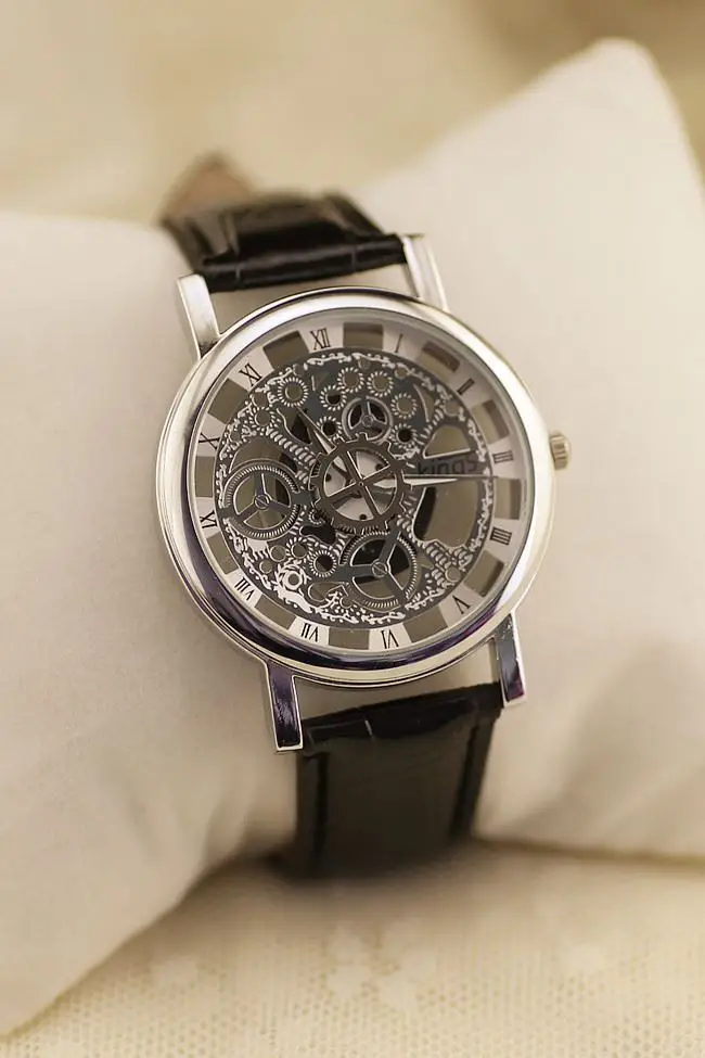 black silver Горячая мужские и женские механические часы полые пара кварцевые спортивные часы ремень студенческие часы кожаный ремешок наручные часы - Цвет: black silver