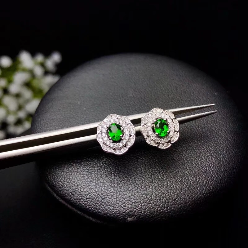 

Natural green diopside stud earrings 925 silver natural gemstone earrings Lovely round Sunflower girl party gift fine jewelry