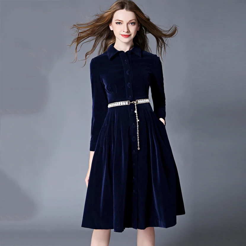 Осенне зимнее платье 2017 новое модное женское однобортное бархатное с длинным