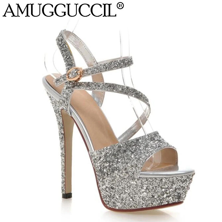 

2021 New Plus Big Size 32-43 Black Gold Silver White Sexy Party Wedding 14CM High Heel Platform Summer Lady Women Sandals L171