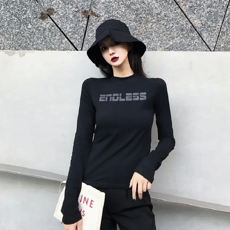 Autumn and winter new letter printing black Slim thin long sleeve bottoming T-shirt women | Женская одежда