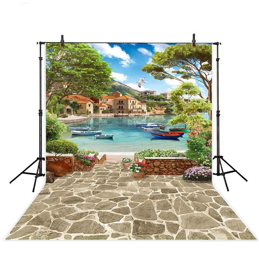 

Scenery Photography Backdrop Venice Summer Lake Ship Stone Flower Photo Background Studio Photocall Photophone View