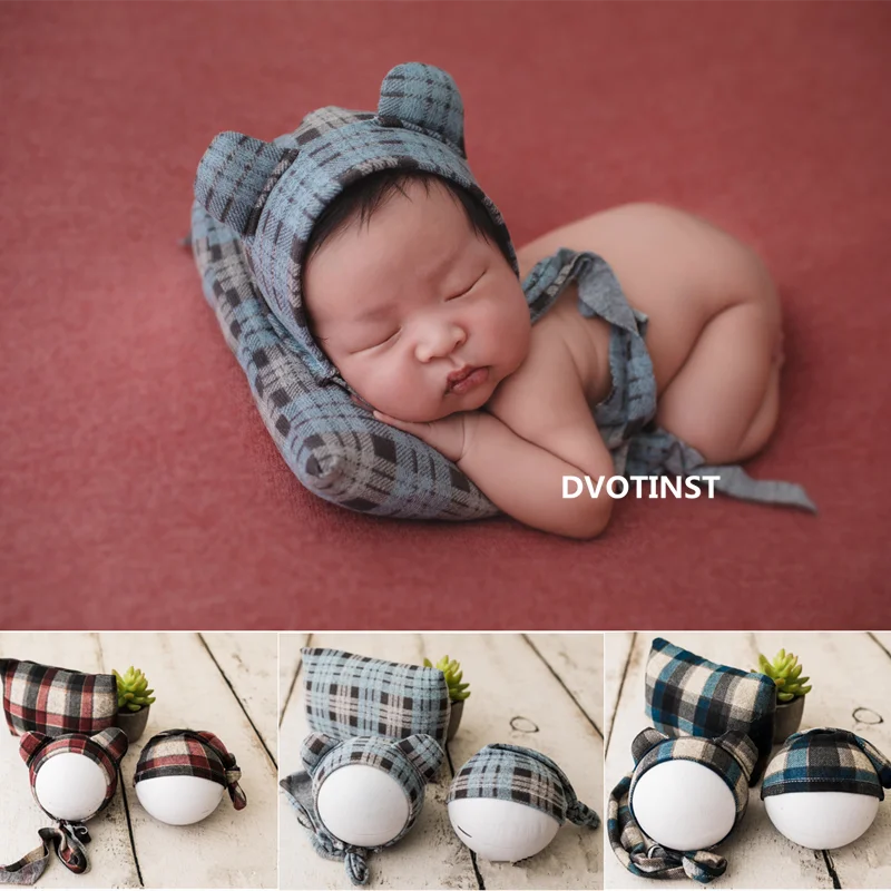 Dvotinst Newborn Photography Props Baby Plaid Hat Bonnet Pillow Cute Soft Set Fotografia Accessorio Studio Shoot Photo Props