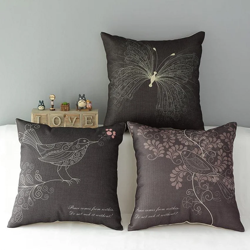 Black Animal Printed Butterfly Birds Decorative Pillows Cush
